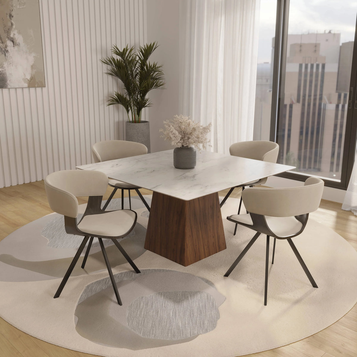 Zephry 5-Piece Dining Set with Square Dining Table White Sintered Stone Top and 4 Leather Dining Chairs - Elax Furniture