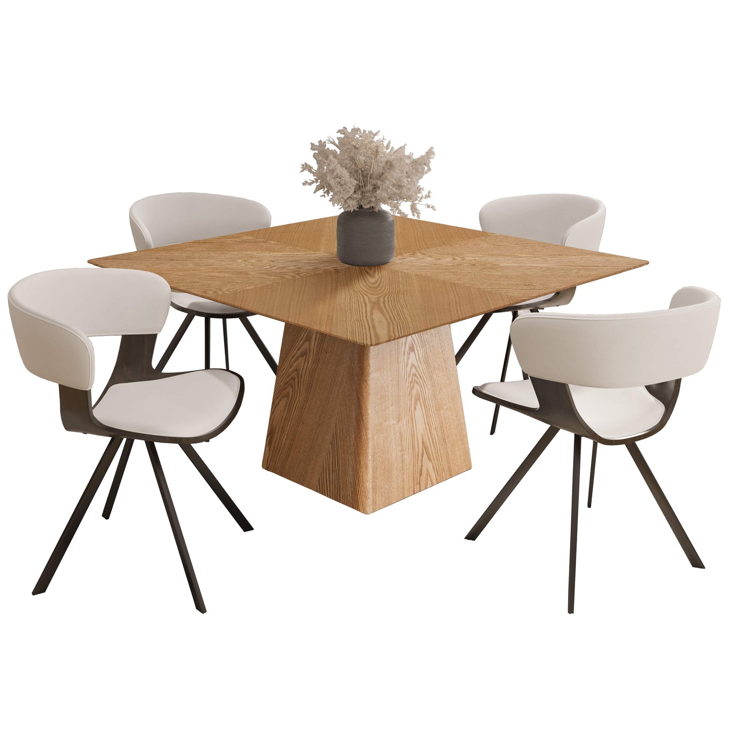 Zephry 5-Piece Dining Set with Square Wooden Table in Natural Wood and 4 Leather Dining Chairs - Elax Furniture