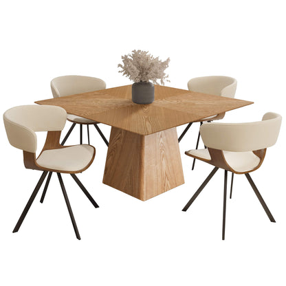 Zephry 5-Piece Dining Set with Square Wooden Table in Natural Wood and 4 Leather Dining Chairs - Elax Furniture