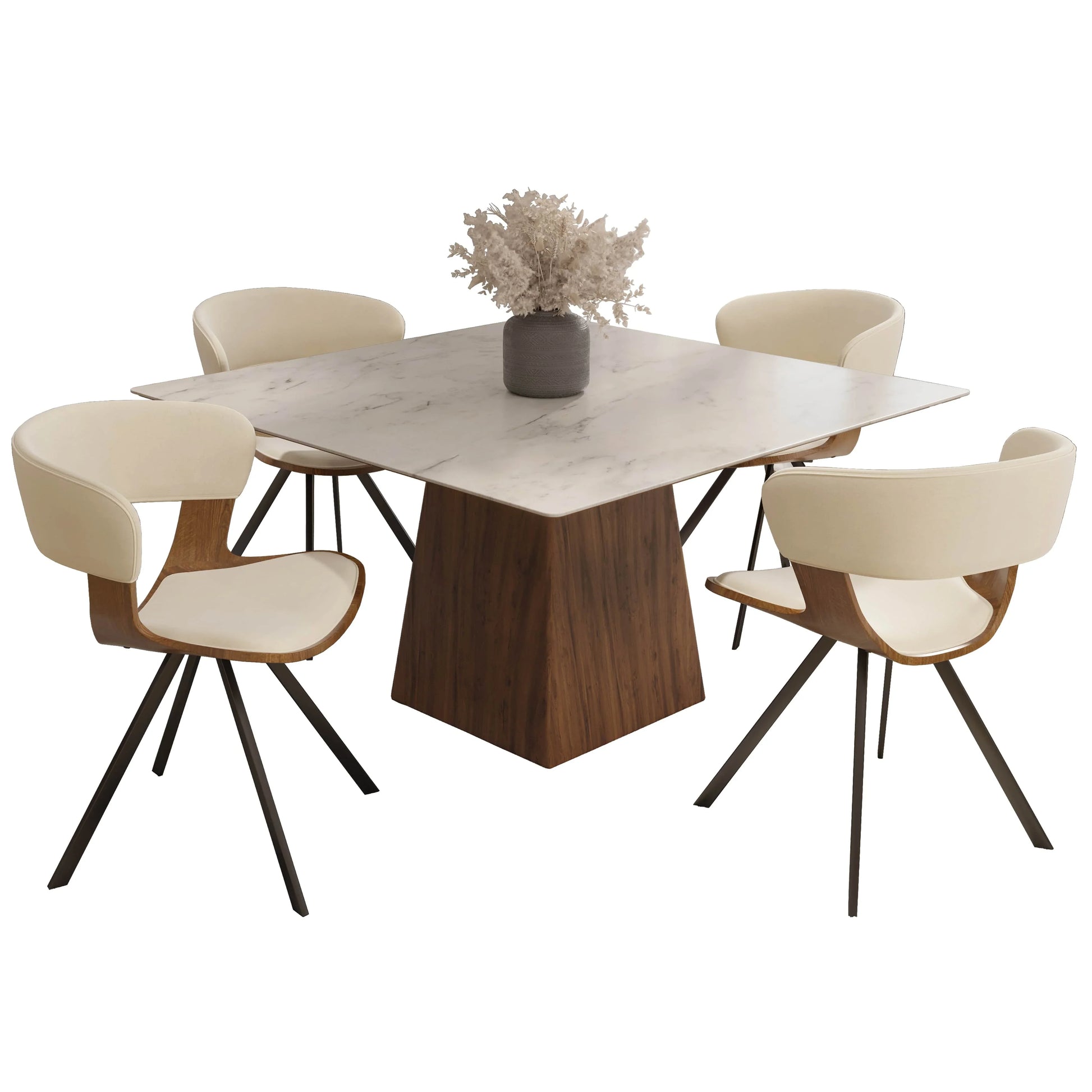 Zephry 5-Piece Dining Set with Square Dining Table White Sintered Stone Top and 4 Leather Dining Chairs - Elax Furniture