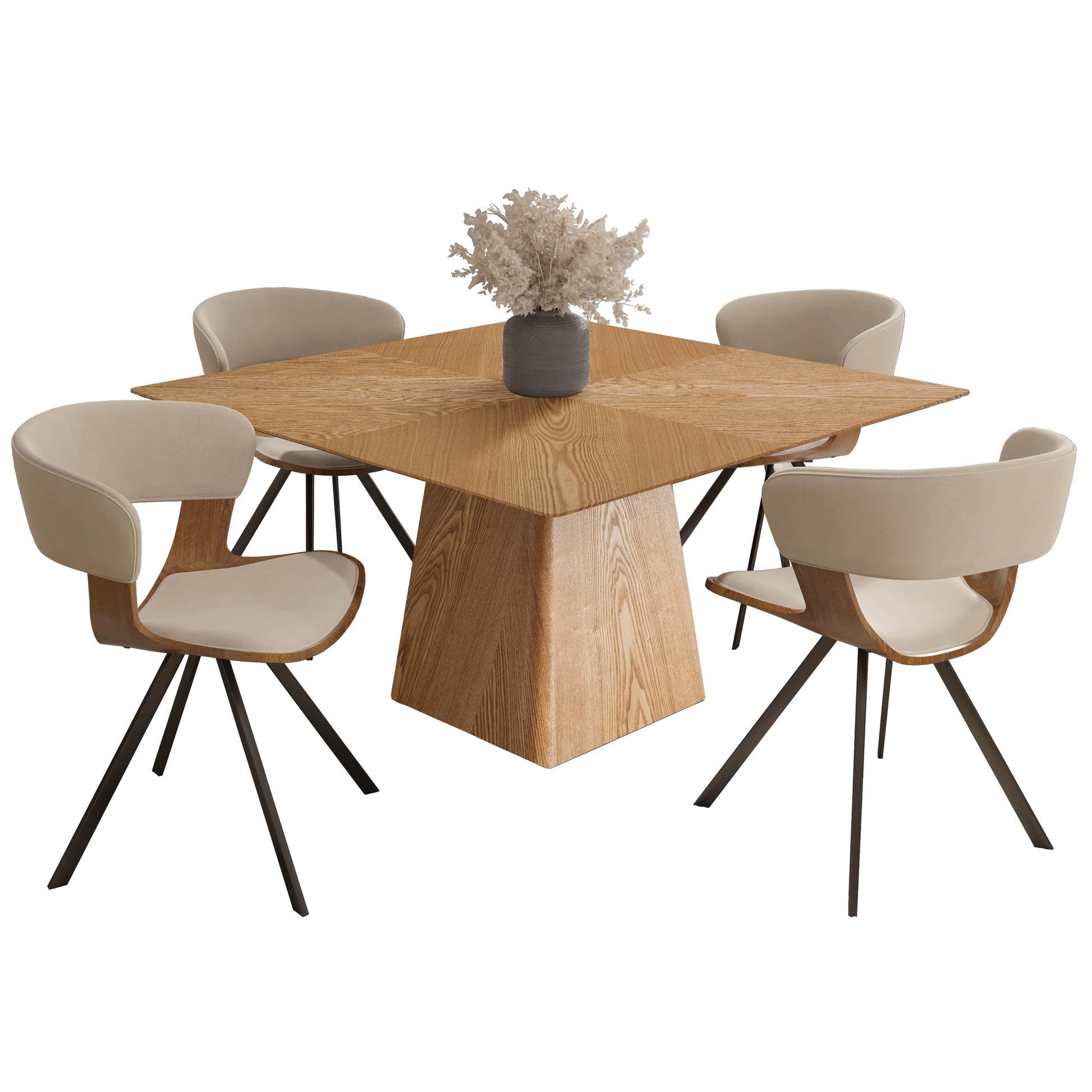 Zephry 5-Piece Dining Set with Square Wooden Table in Natural Wood and 4 Leather Dining Chairs - Elax Furniture
