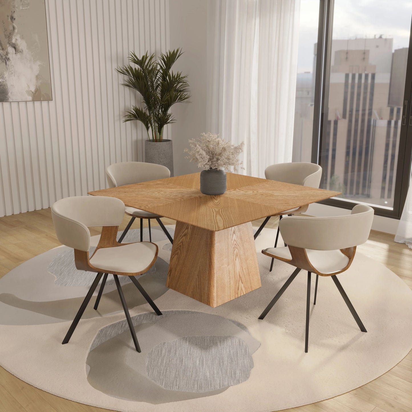 Zephry 5-Piece Dining Set with Square Wooden Table in Natural Wood and 4 Leather Dining Chairs - Elax Furniture