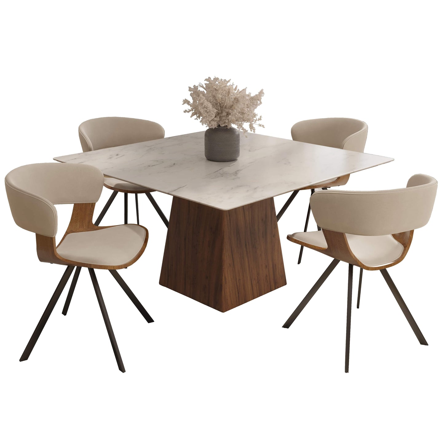 Zephry 5-Piece Dining Set with Square Dining Table White Sintered Stone Top and 4 Leather Dining Chairs - Elax Furniture