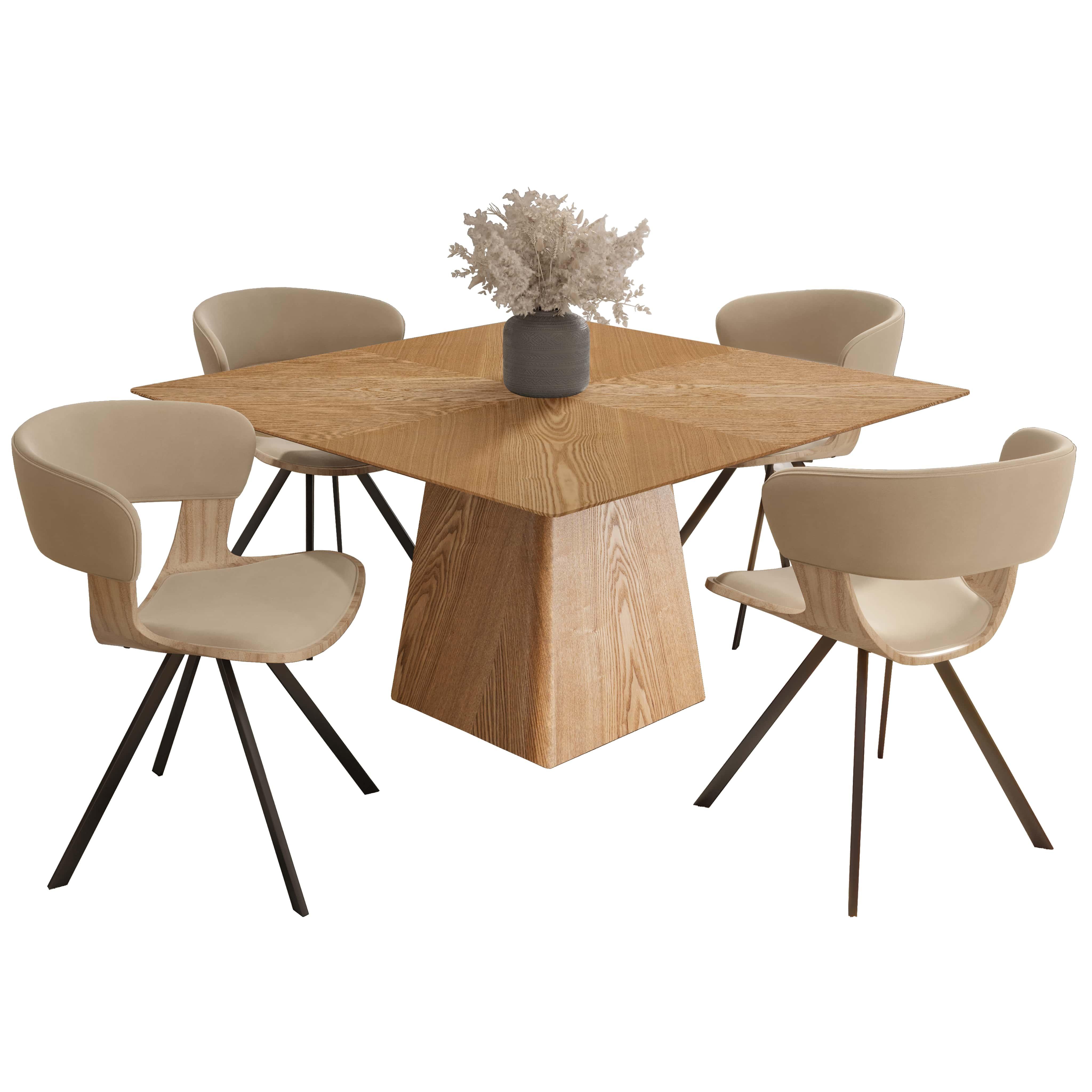 Zephry 5-Piece Dining Set with Square Wooden Table in Natural Wood and 4 Leather Dining Chairs - Elax Furniture