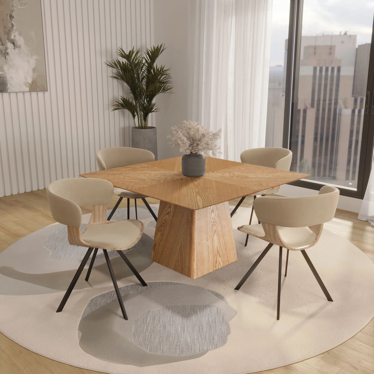 Zephry 5-Piece Dining Set with Square Wooden Table in Natural Wood and 4 Leather Dining Chairs - Elax Furniture