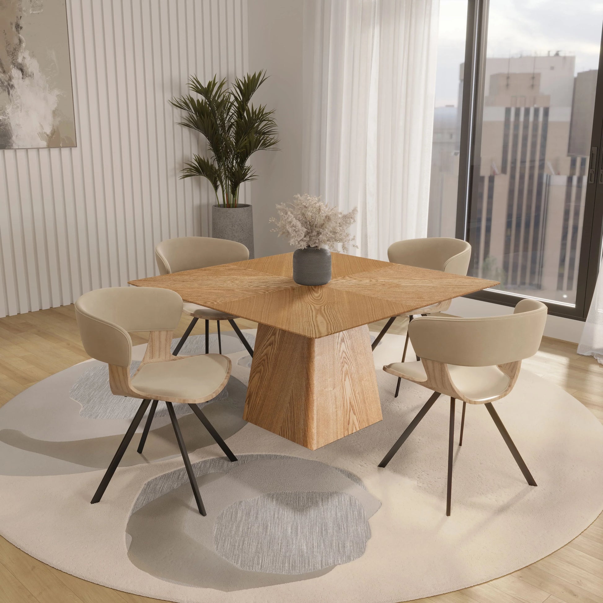 Zephry 5-Piece Dining Set with Square Wooden Table in Natural Wood and 4 Leather Dining Chairs - Elax Furniture