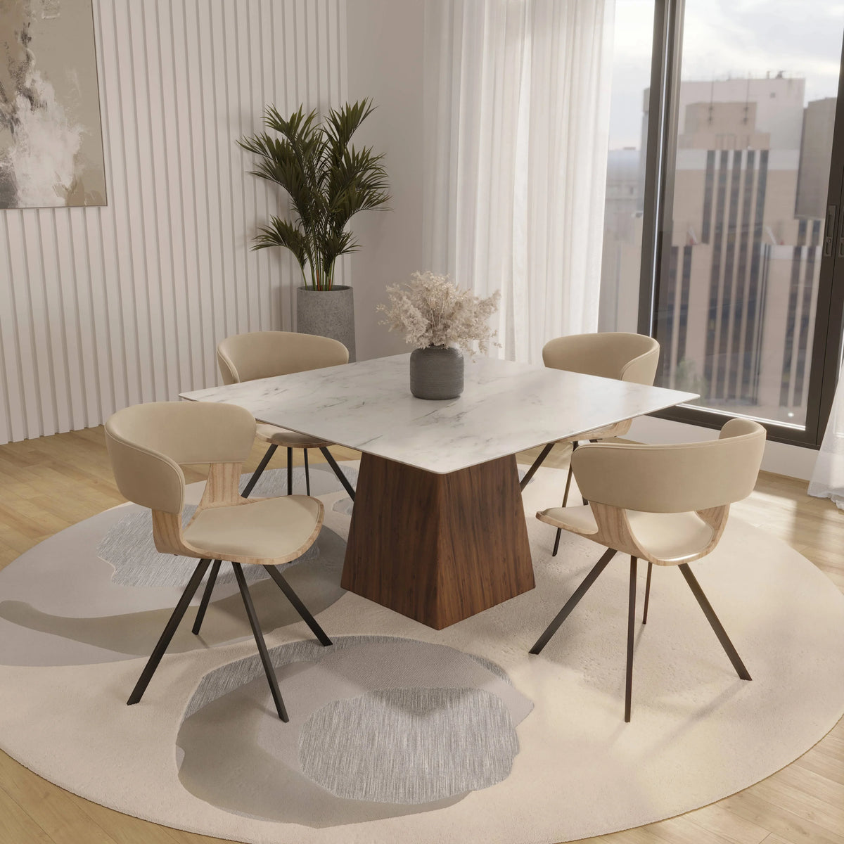 Zephry 5-Piece Dining Set with Square Dining Table White Sintered Stone Top and 4 Leather Dining Chairs - Elax Furniture