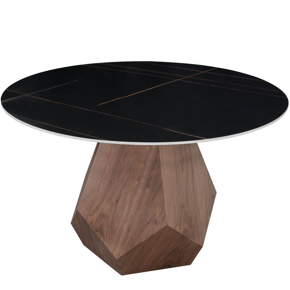 Nebo Modern Dining Table in Walnut Base with Glass/Sintered Stone Table Top Black Stone Dining Table Leisuremod