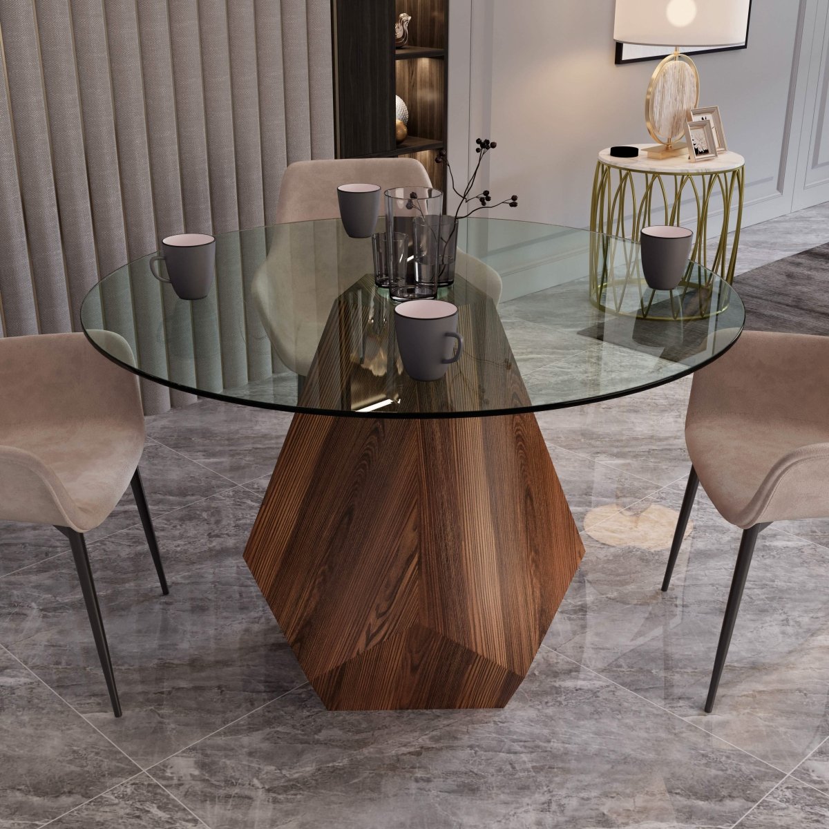 Nebo Modern Dining Table in Walnut Base with Glass/Sintered Stone Table Top Clear Glass Dining Table Leisuremod