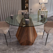 Nebo Modern Dining Table in Walnut Base with Glass/Sintered Stone Table Top Clear Glass Dining Table Leisuremod