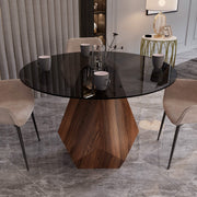 Nebo Modern Dining Table in Walnut Base with Glass/Sintered Stone Table Top Black Glass Dining Table Leisuremod