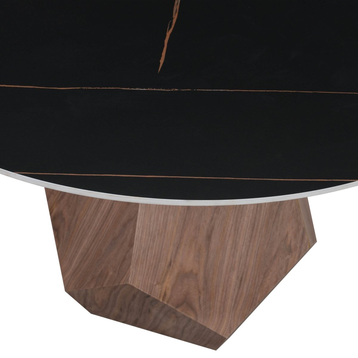 Nebo Modern Dining Table in Walnut Base with Glass/Sintered Stone Table Top Black Stone Dining Table Leisuremod