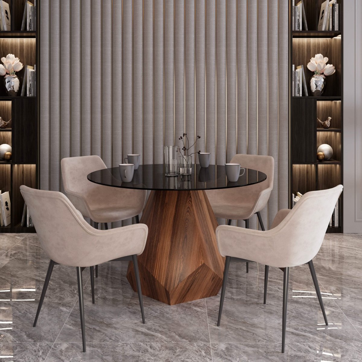 Nebo Modern Dining Table in Walnut Base with Glass/Sintered Stone Table Top Black Glass Dining Table Leisuremod