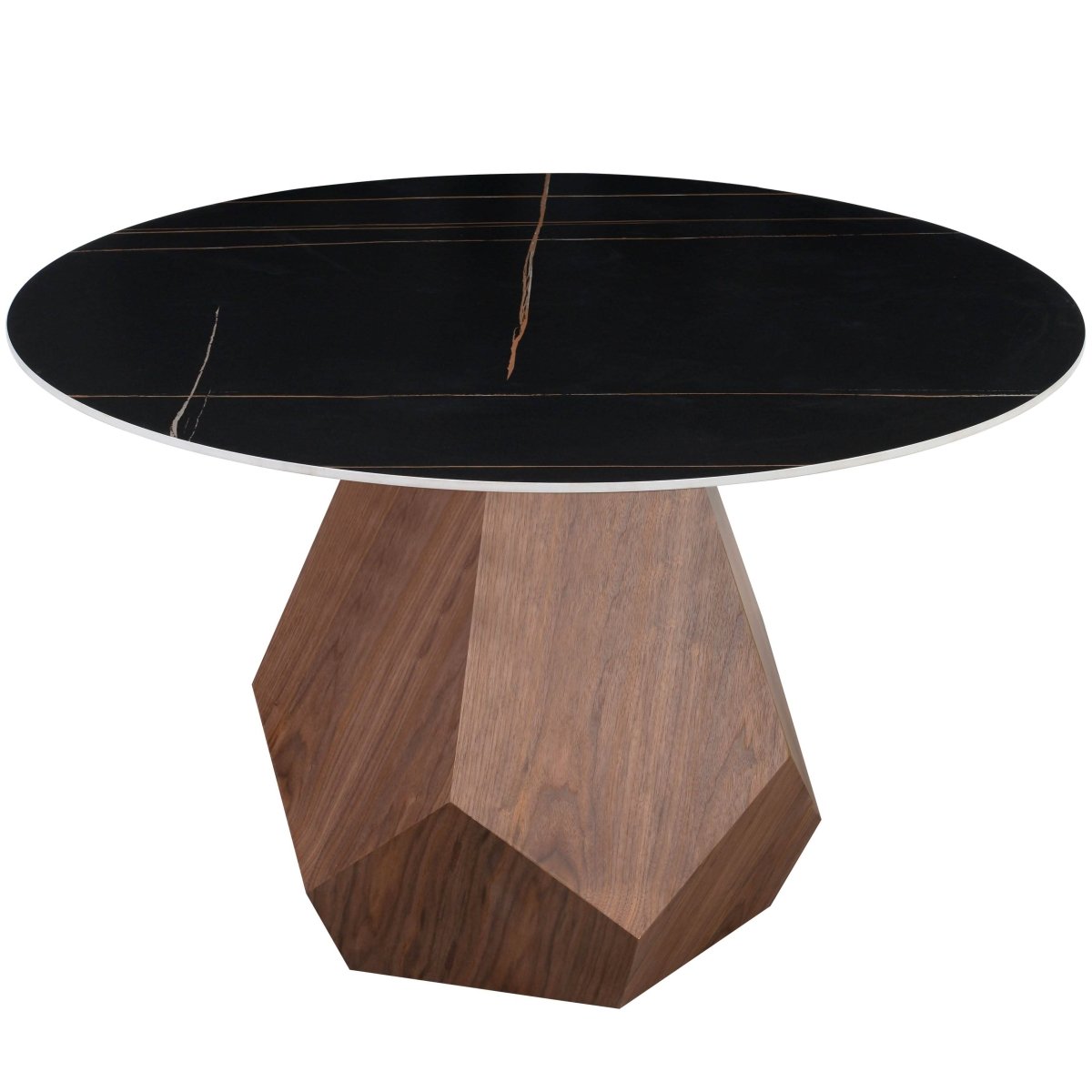 Nebo Modern Dining Table in Walnut Base with Glass/Sintered Stone Table Top Black Stone Dining Table Leisuremod