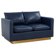 Nervo Upholstered Velvet/Leather Loveseat with Gold Stainless Steel Base Leather Navy Blue Sofa Leisuremod
