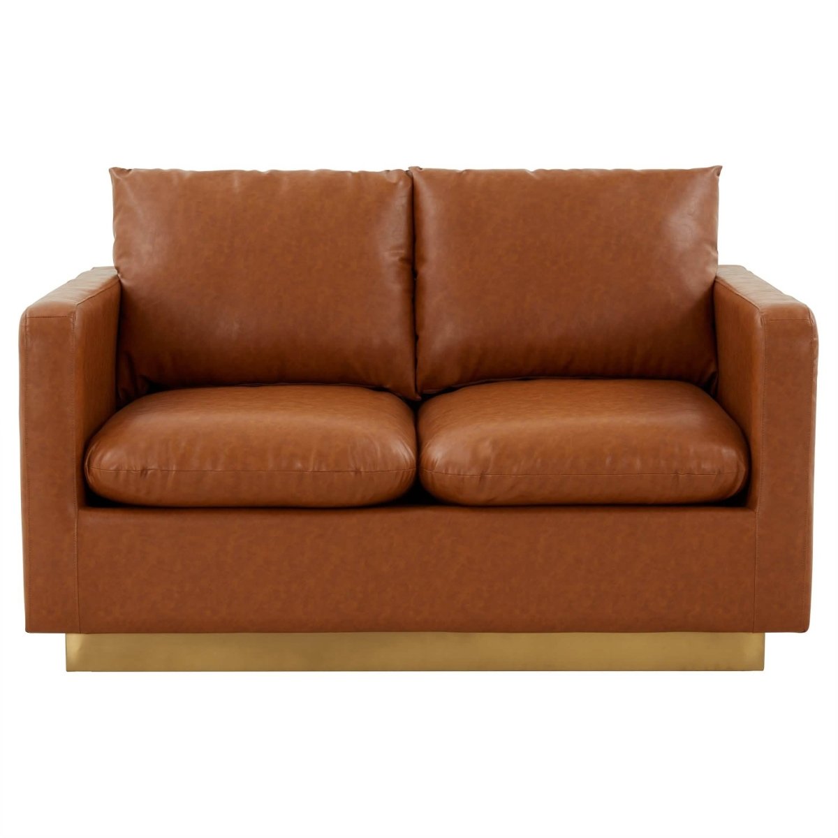 Nervo Upholstered Velvet/Leather Loveseat with Gold Stainless Steel Base Leather Cognac Tan Sofa Leisuremod