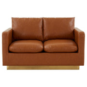 Nervo Upholstered Velvet/Leather Loveseat with Gold Stainless Steel Base Leather Cognac Tan Sofa Leisuremod