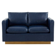 Nervo Upholstered Velvet/Leather Loveseat with Gold Stainless Steel Base Leather Navy Blue Sofa Leisuremod