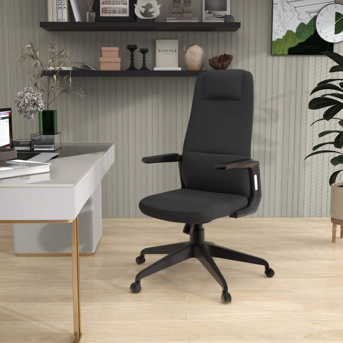 Nexa High-Back Conference Office Chair in Leather/Polyester Adjustable Height Swivel and Tilt Black Leather Office Chair Leisuremod
