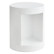 Nook 14" Wide Round Fiberstone Side Table With Open Storage Compartment White Side Table Leisuremod