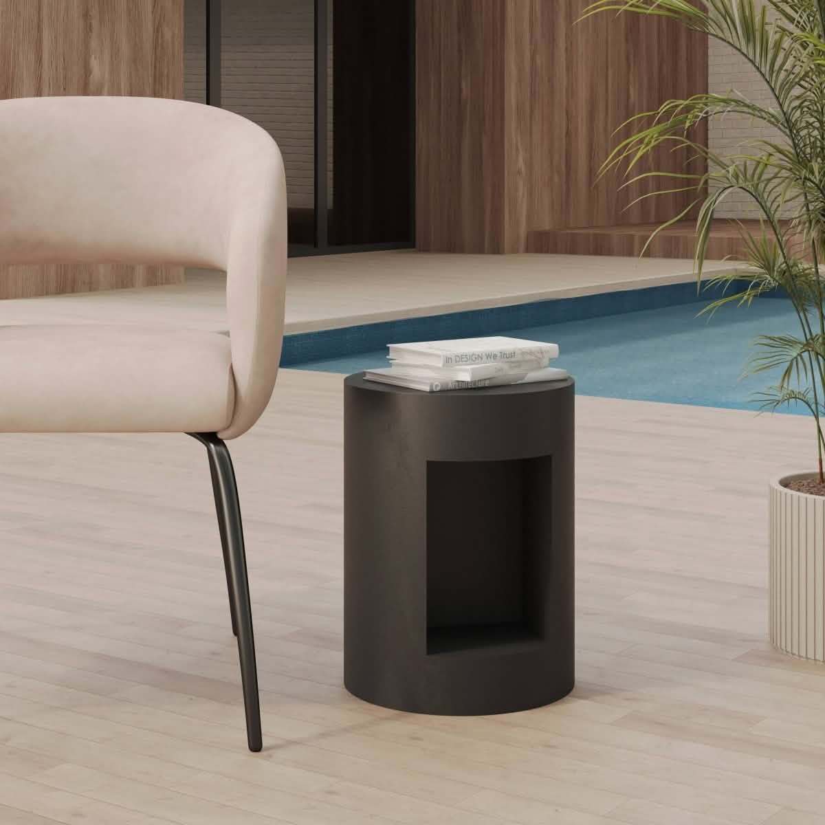 Nook 14" Wide Round Fiberstone Side Table With Open Storage Compartment Black Side Table Leisuremod