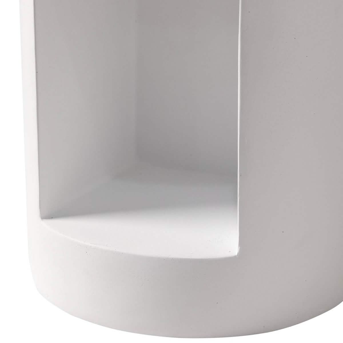 Nook 14" Wide Round Fiberstone Side Table With Open Storage Compartment White Side Table Leisuremod