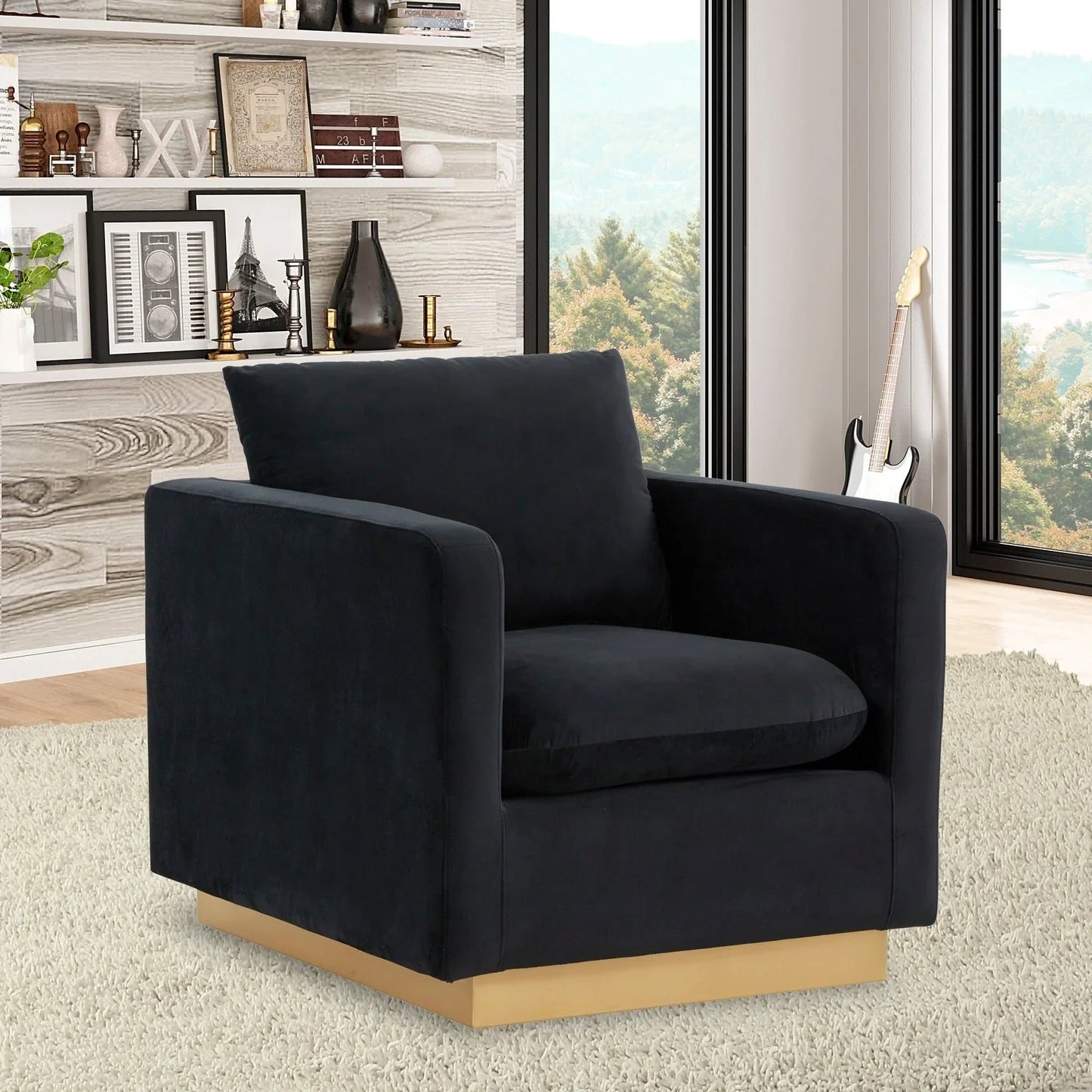 Nervo Modern Mid-Century Upholstered Velvet/Leather Accent Chair with Gold Base - Elax Furniture