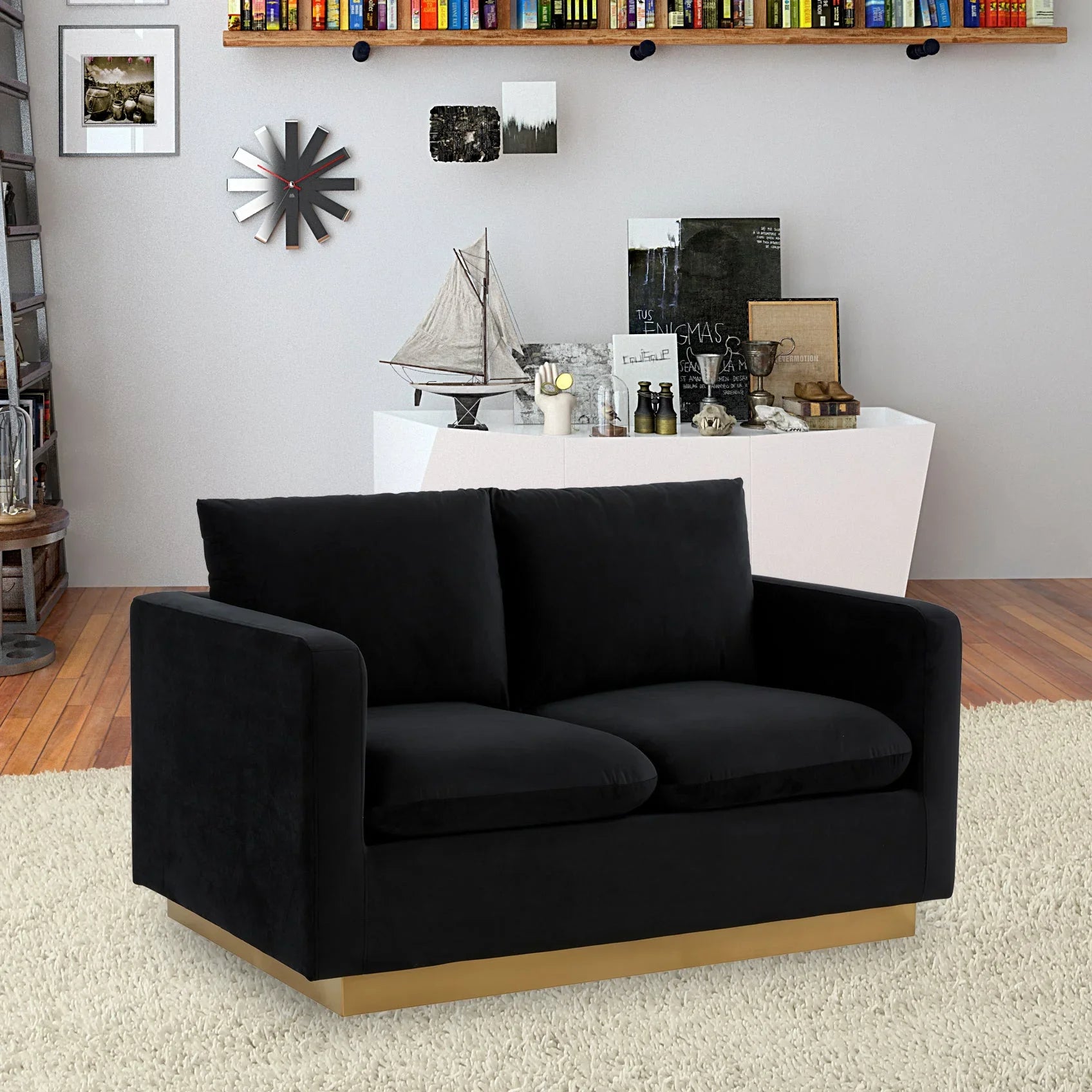Nervo Upholstered Velvet/Leather Loveseat with Gold Stainless Steel Base - Elax Furniture