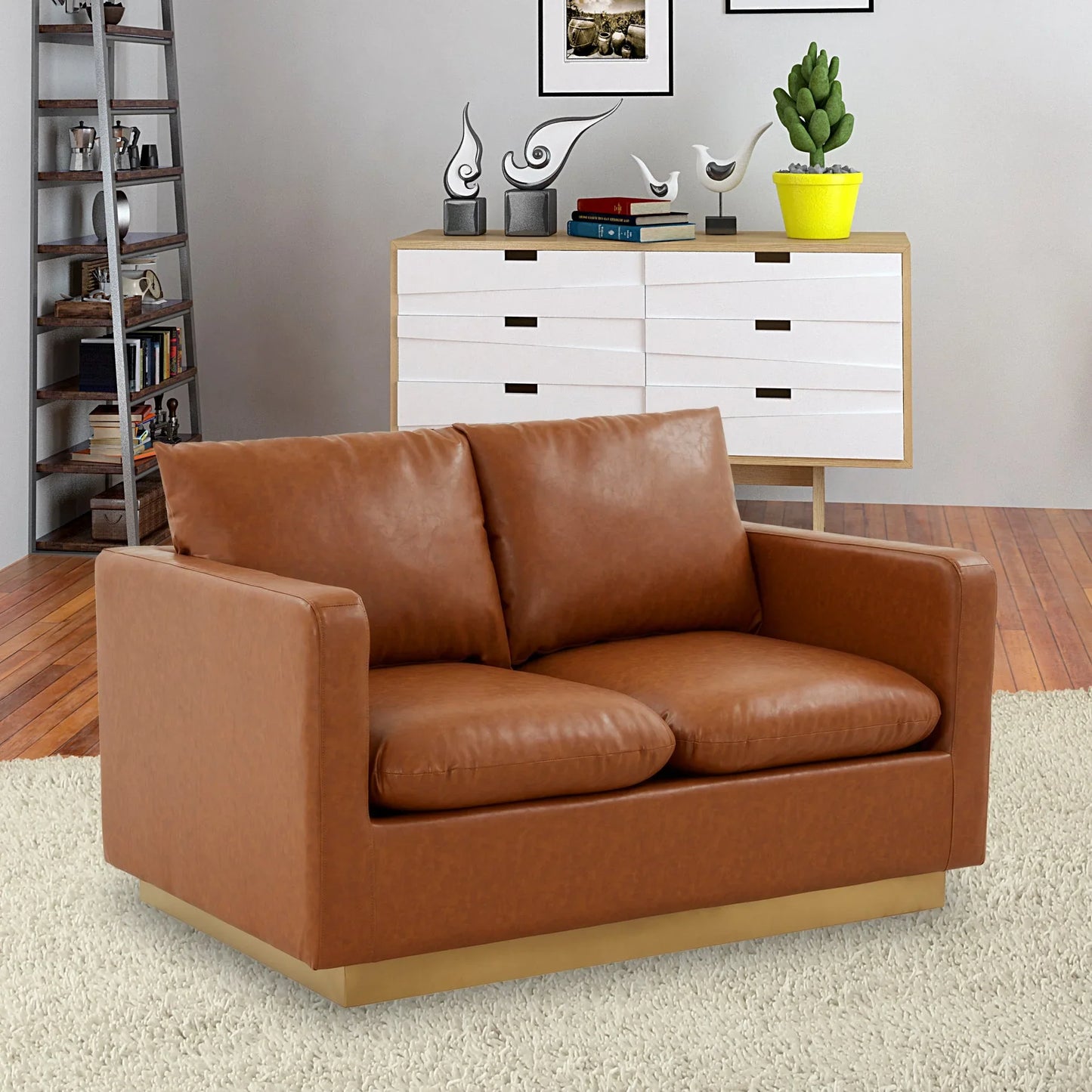Nervo Upholstered Velvet/Leather Loveseat with Gold Stainless Steel Base - Elax Furniture