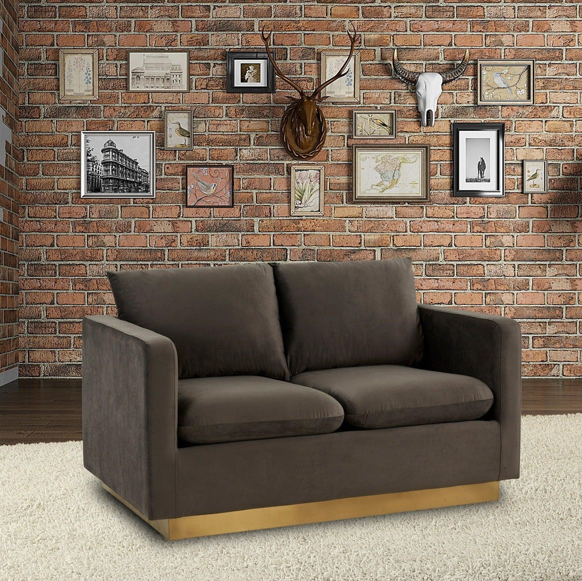 Nervo Upholstered Velvet/Leather Loveseat with Gold Stainless Steel Base - Elax Furniture