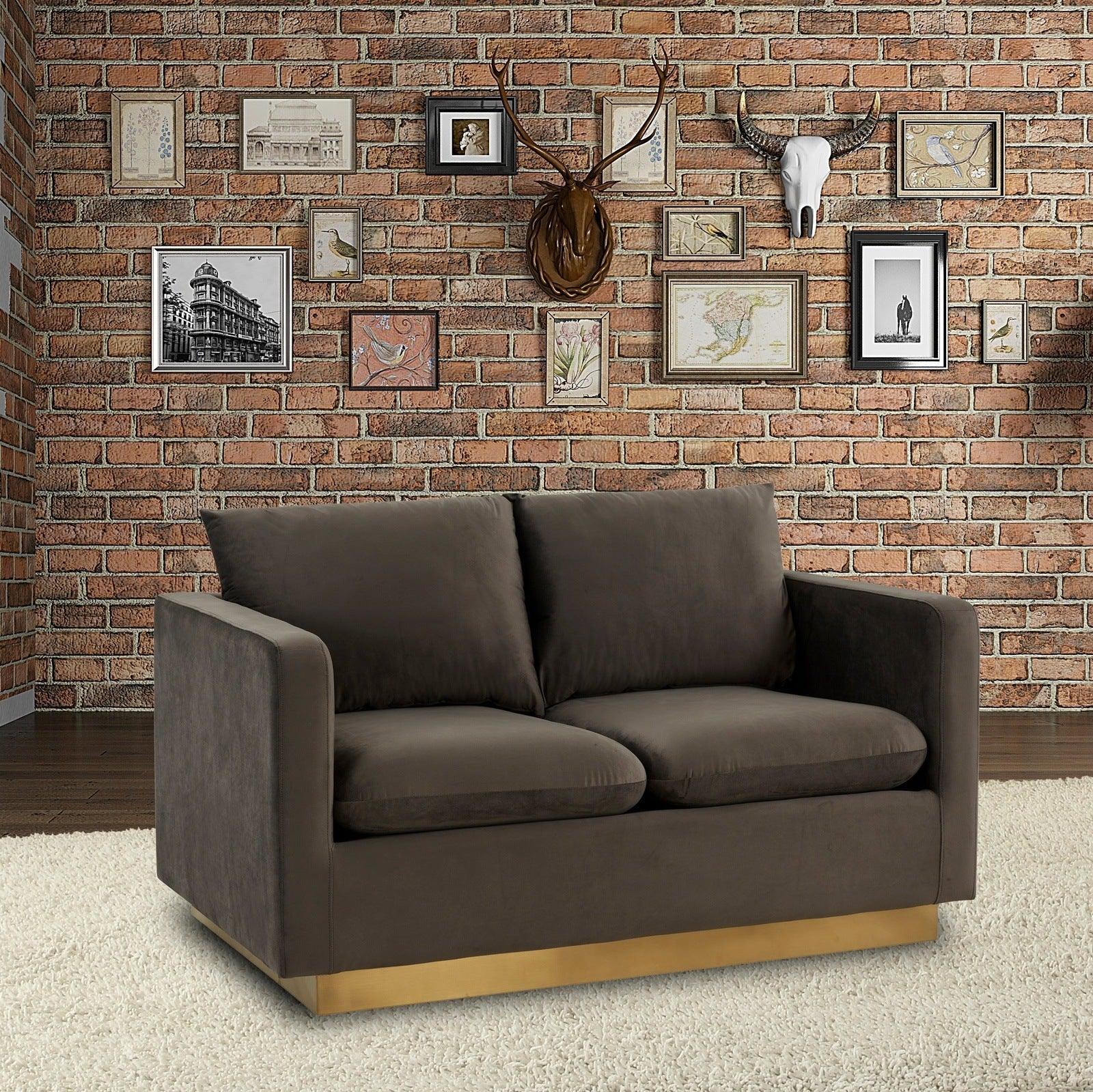Nervo Upholstered Velvet/Leather Loveseat with Gold Stainless Steel Base - Elax Furniture