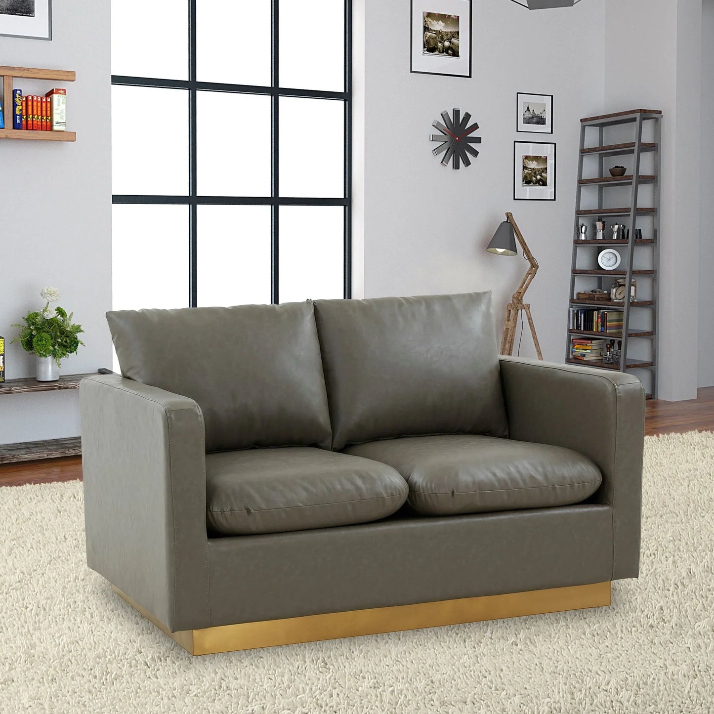Nervo Upholstered Velvet/Leather Loveseat with Gold Stainless Steel Base - Elax Furniture