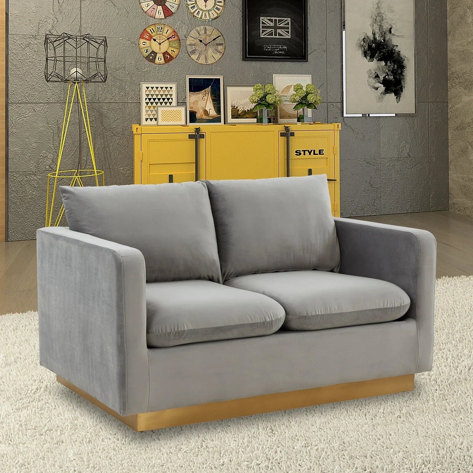 Nervo Upholstered Velvet/Leather Loveseat with Gold Stainless Steel Base - Elax Furniture