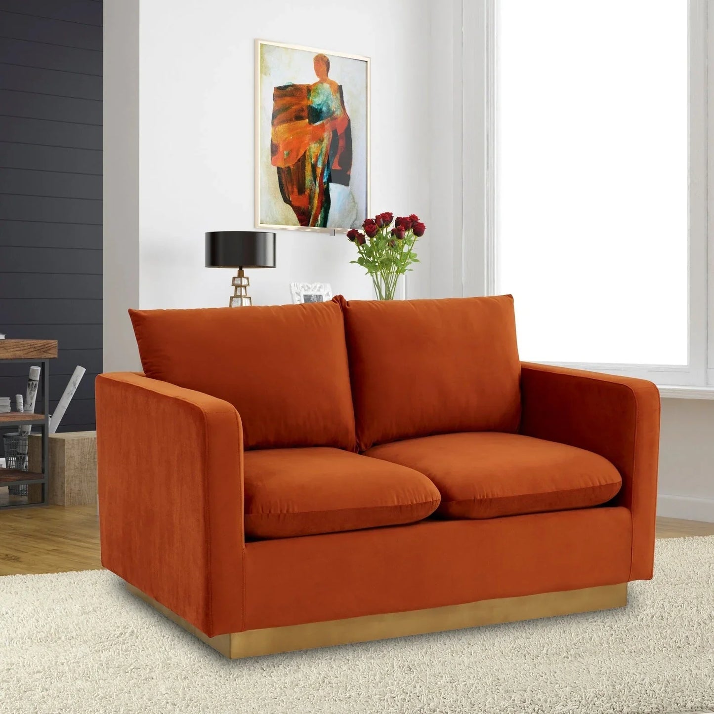 Nervo Upholstered Velvet/Leather Loveseat with Gold Stainless Steel Base - Elax Furniture