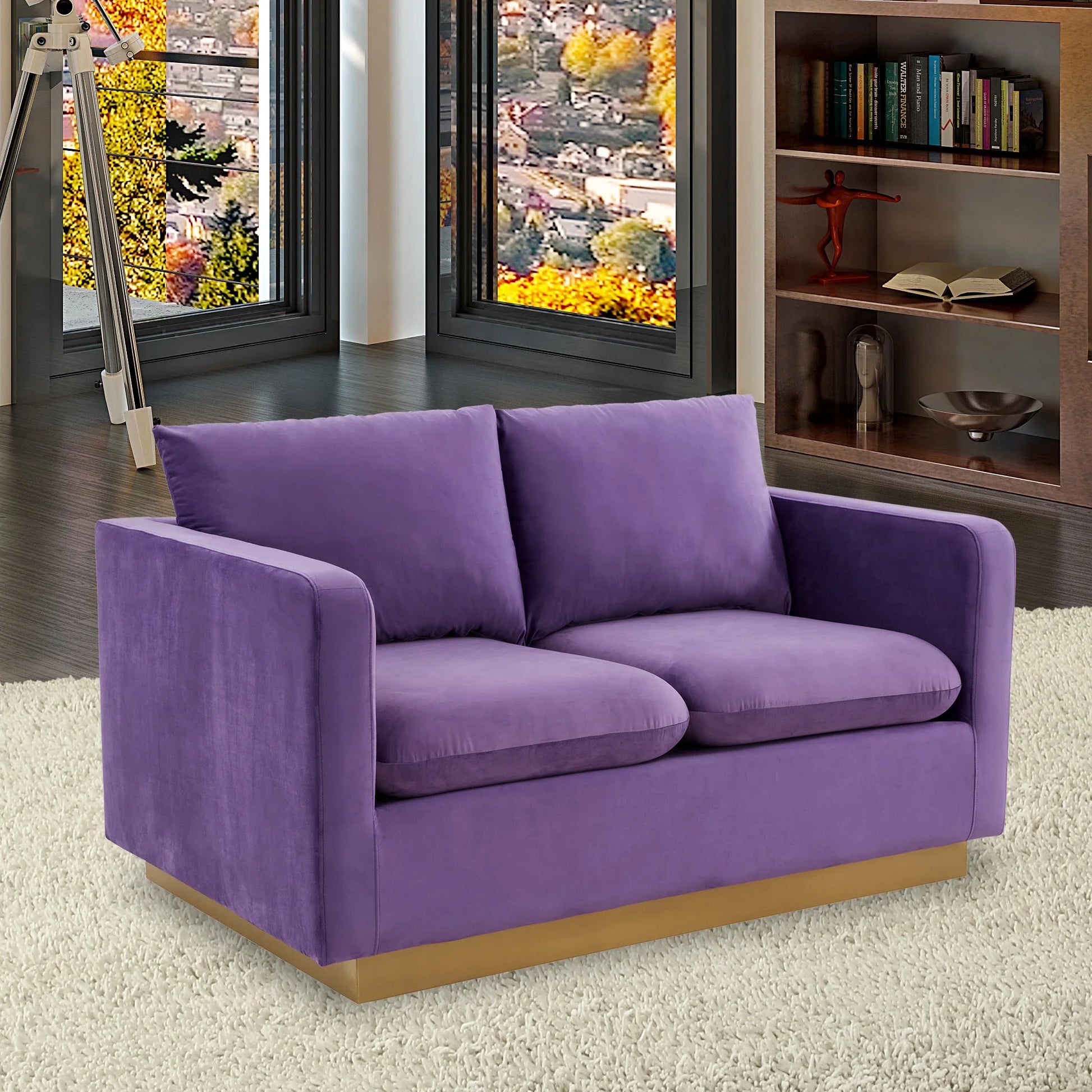 Nervo Upholstered Velvet/Leather Loveseat with Gold Stainless Steel Base - Elax Furniture