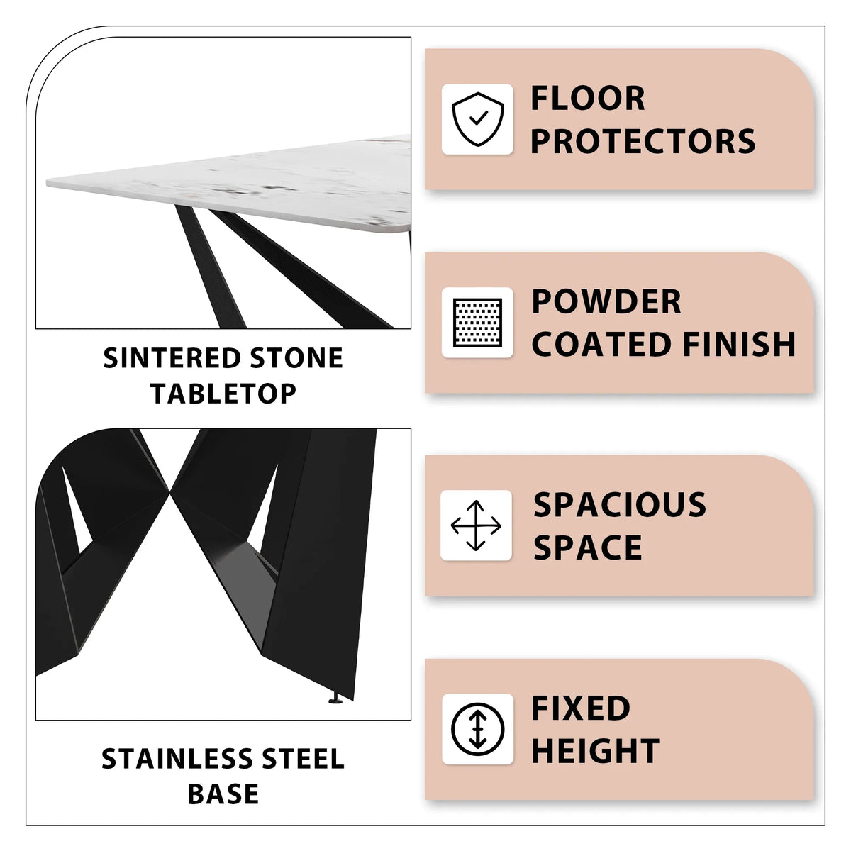 Nuvor Dining Table with Rectangular Sintered Stone/Glass Tabletop and Steel Legs - Elax Furniture