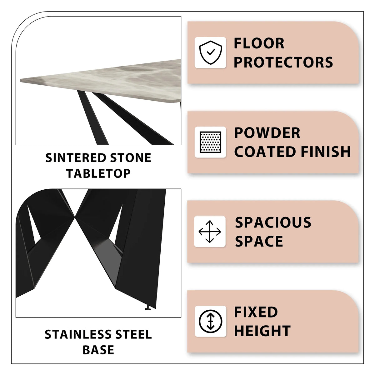 Nuvor Dining Table with Rectangular Sintered Stone/Glass Tabletop and Steel Legs - Elax Furniture