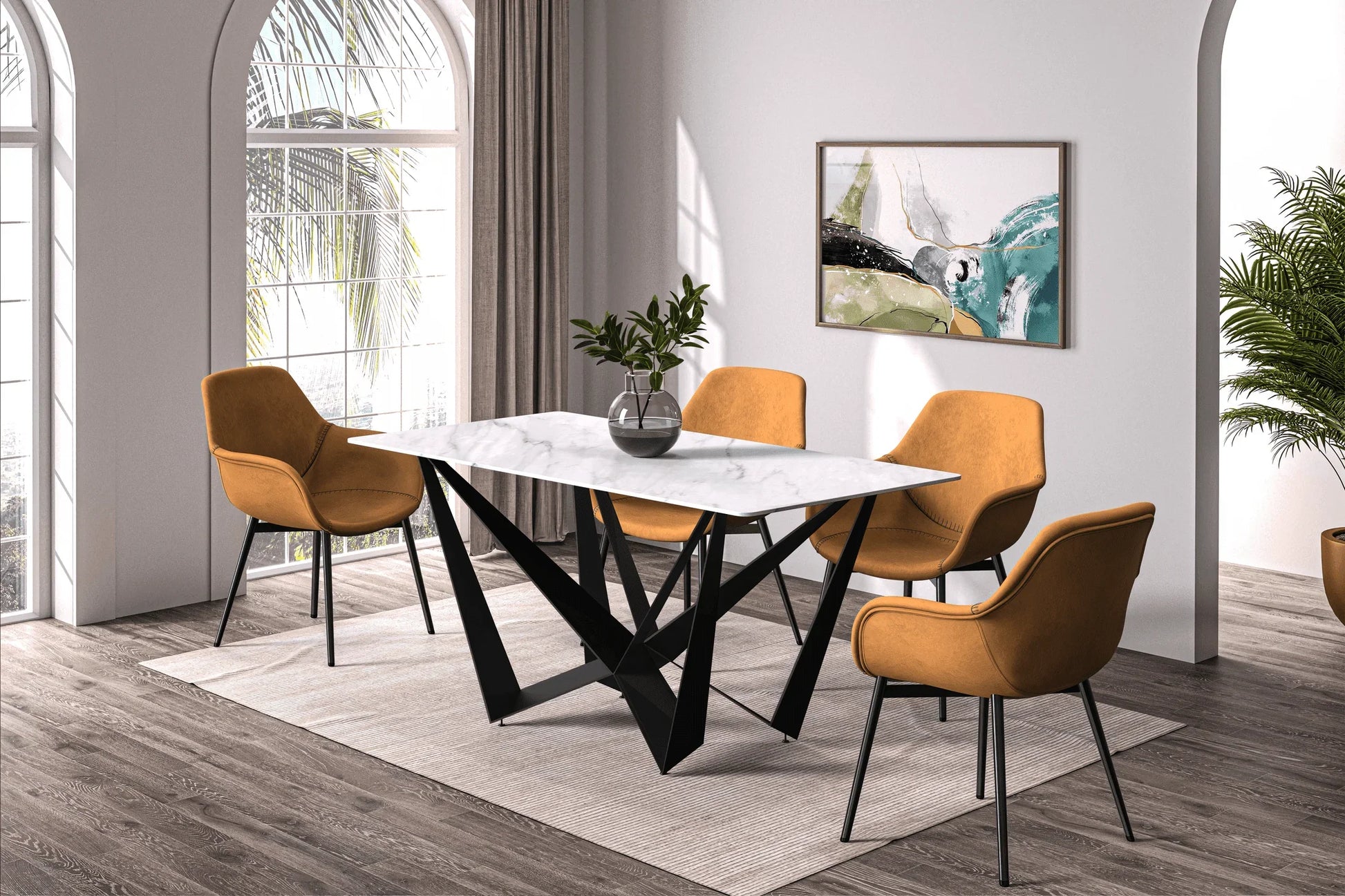 Nuvor Dining Table with Rectangular Sintered Stone/Glass Tabletop and Steel Legs - Elax Furniture