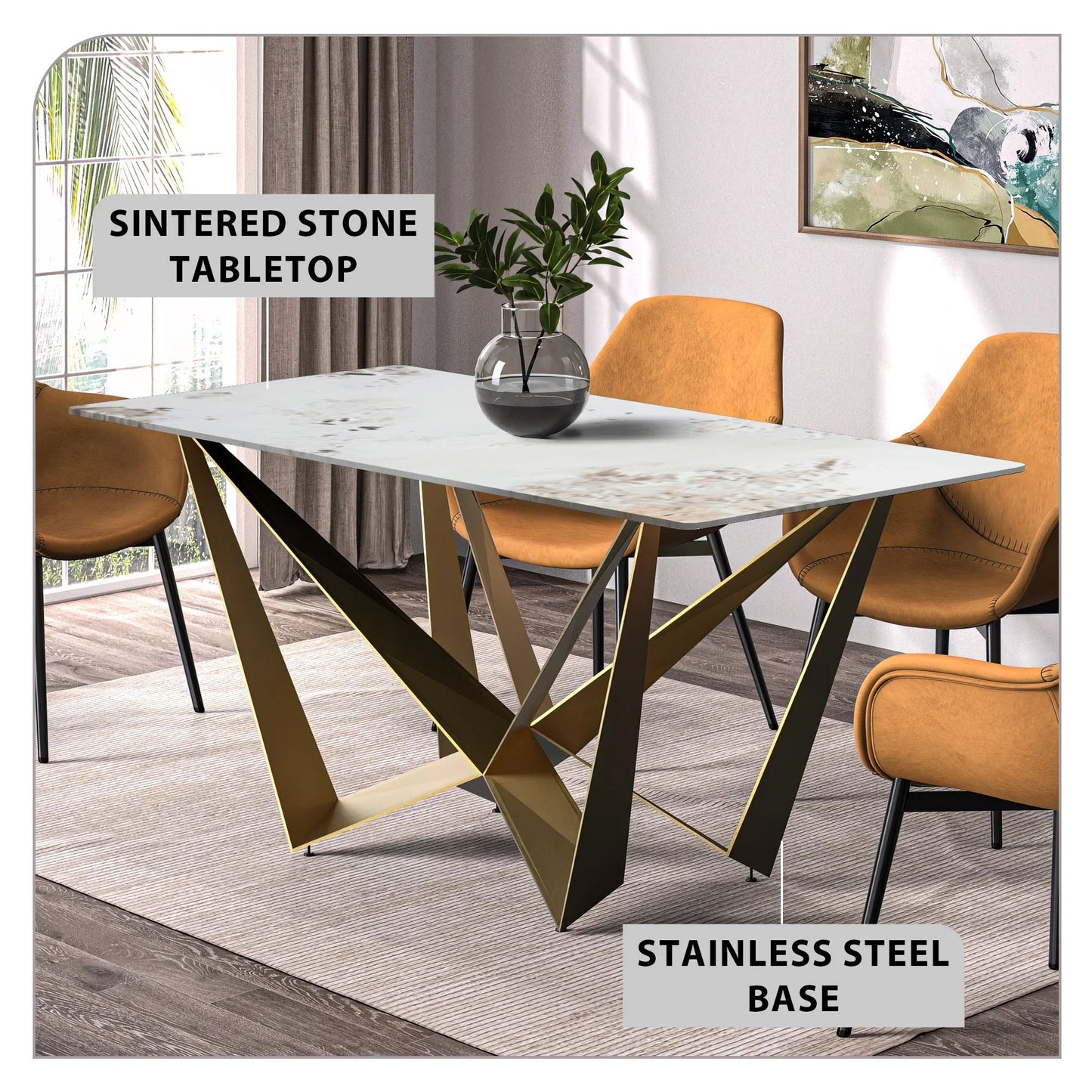 Nuvor Dining Table with Rectangular Sintered Stone/Glass Tabletop and Steel Legs - Elax Furniture