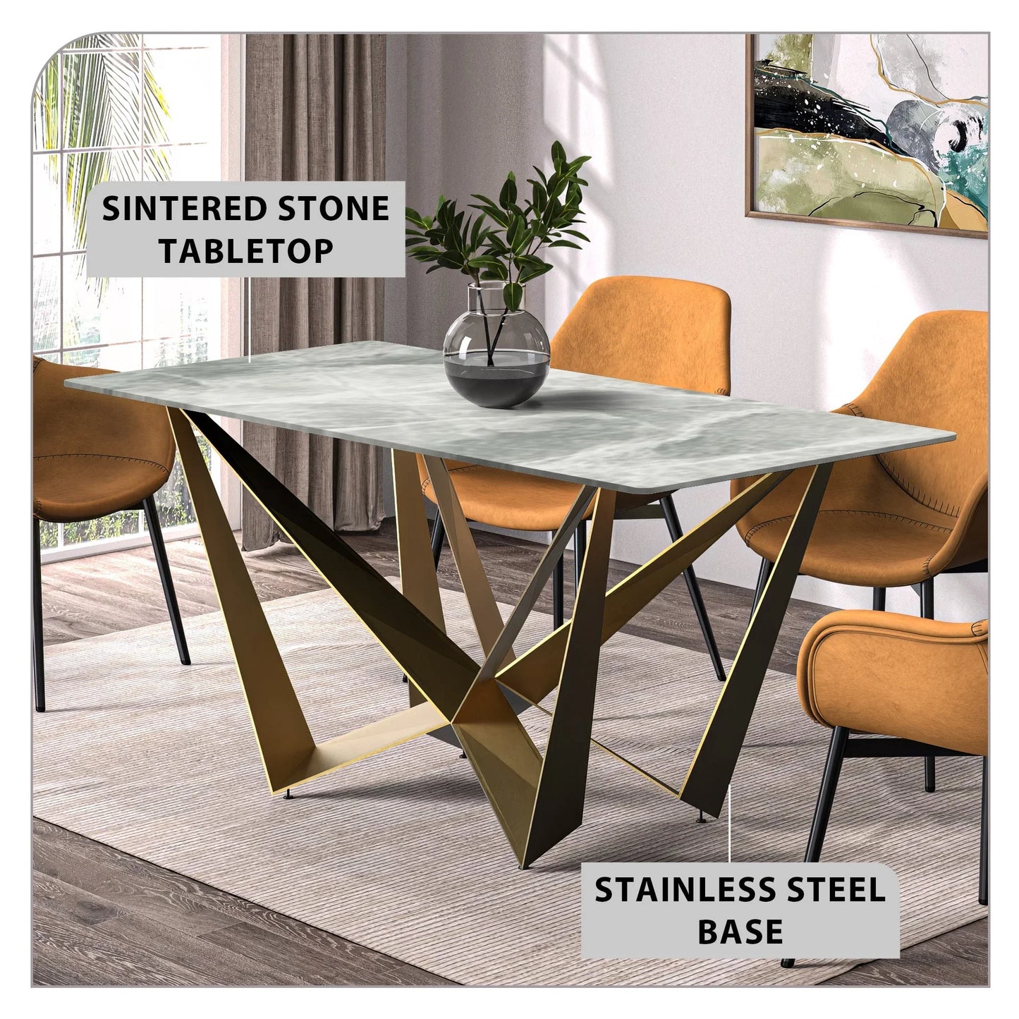 Nuvor Dining Table with Rectangular Sintered Stone/Glass Tabletop and Steel Legs - Elax Furniture