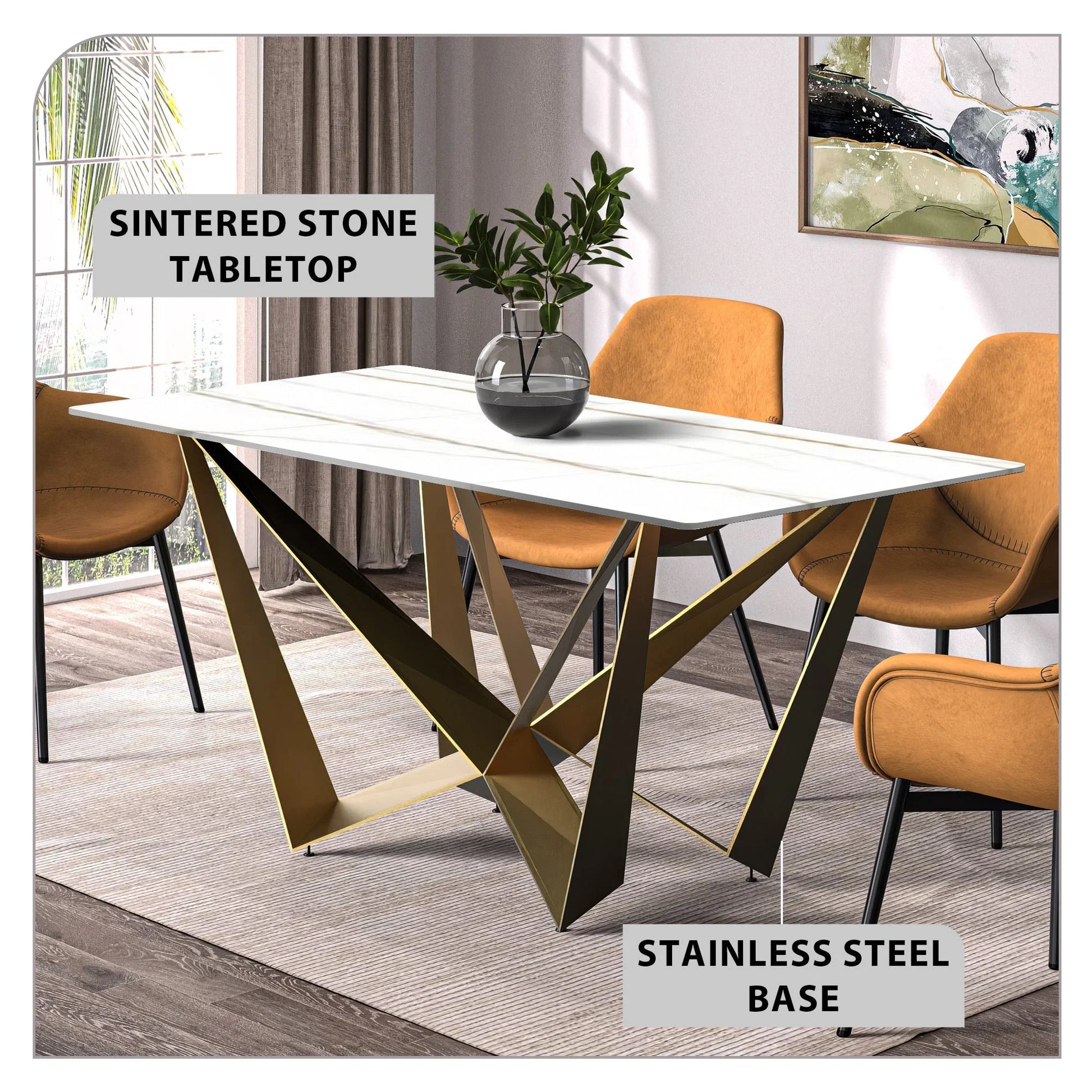 Nuvor Dining Table with Rectangular Sintered Stone/Glass Tabletop and Steel Legs - Elax Furniture