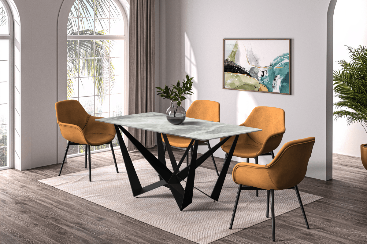 Nuvor Dining Table with Rectangular Sintered Stone/Glass Tabletop and Black Steel Legs Sintered Stone 55 Inches Wide Light Grey Dining Table Leisuremod
