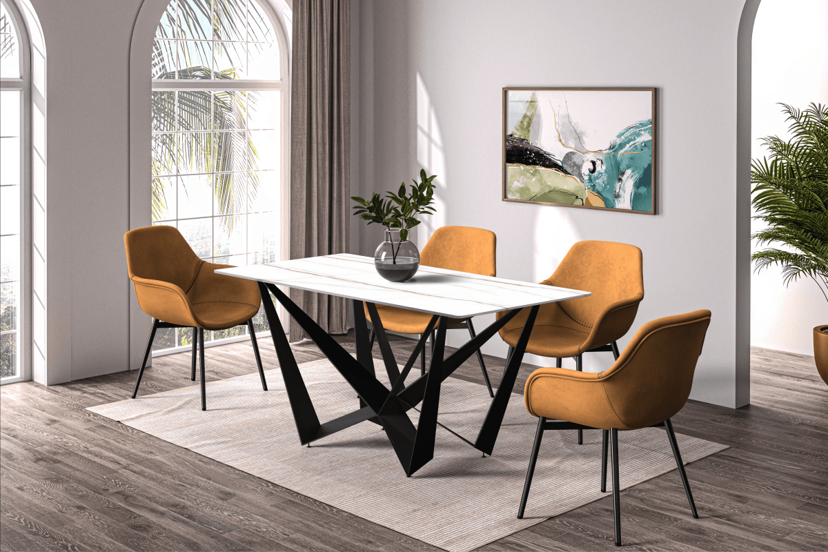 Nuvor Dining Table with Rectangular Sintered Stone/Glass Tabletop and Black Steel Legs Sintered Stone 62 Inches Wide Deep Grey Dining Table Leisuremod
