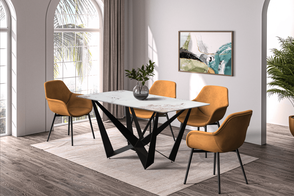 Nuvor Dining Table with Rectangular Sintered Stone/Glass Tabletop and Black Steel Legs Sintered Stone 62 Inches Wide Deep Grey Dining Table Leisuremod