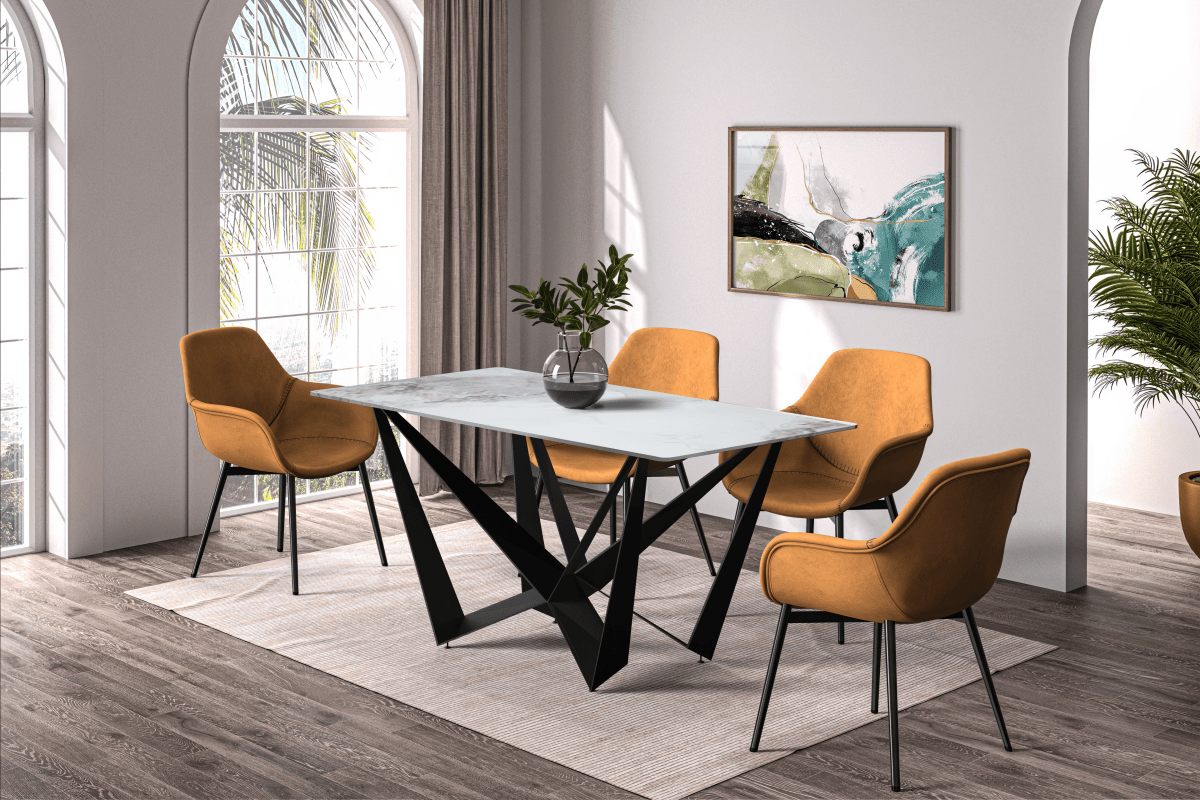 Nuvor Dining Table with Rectangular Sintered Stone/Glass Tabletop and Black Steel Legs Sintered Stone 62 Inches Wide Deep Grey Dining Table Leisuremod