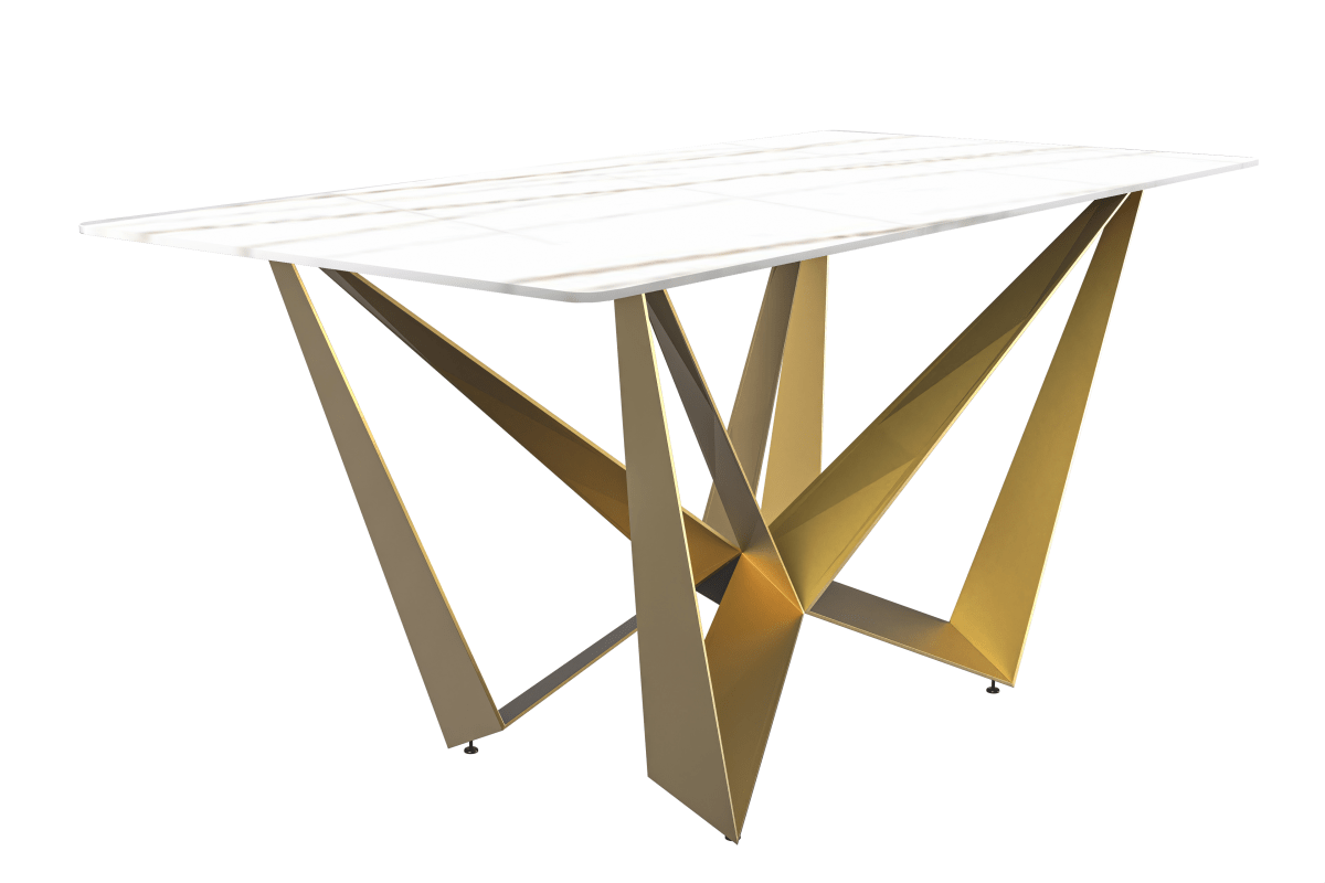 Nuvor Dining Table with Rectangular Sintered Stone/Glass Tabletop and Gold Steel Legs Sintered Stone 55 Inches Wide Light Grey Dining Table Leisuremod