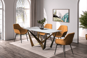 Nuvor Dining Table with Rectangular Sintered Stone/Glass Tabletop and Gold Steel Legs Sintered Stone 55 Inches Wide Light Grey Dining Table Leisuremod