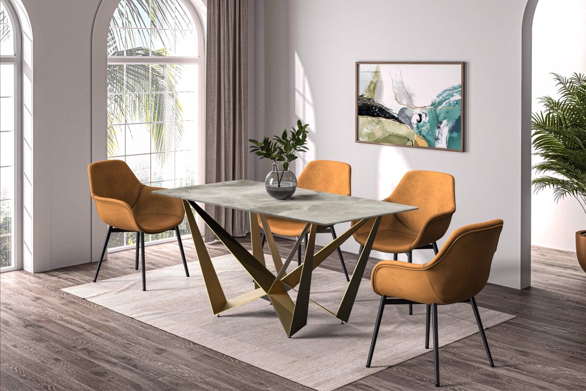 Nuvor Dining Table with Rectangular Sintered Stone/Glass Tabletop and Gold Steel Legs Sintered Stone 62 Inches Wide Deep Grey Dining Table Leisuremod