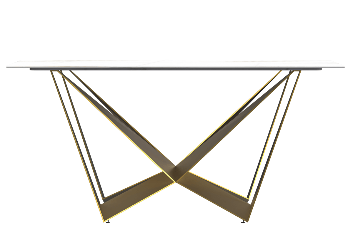 Nuvor Dining Table with Rectangular Sintered Stone/Glass Tabletop and Gold Steel Legs Sintered Stone 55 Inches Wide Light Grey Dining Table Leisuremod