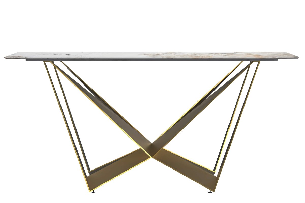 Nuvor Dining Table with Rectangular Sintered Stone/Glass Tabletop and Gold Steel Legs Sintered Stone 55 Inches Wide Light Grey Dining Table Leisuremod